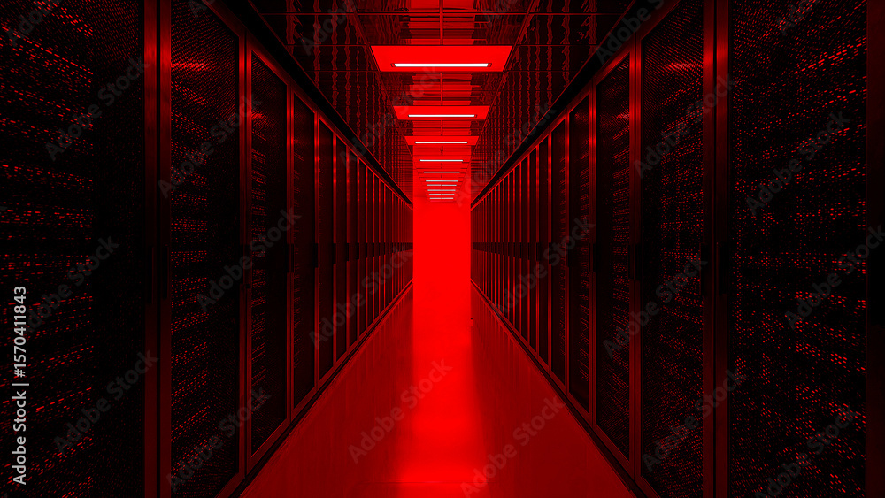 Fototapeta premium Vibrant red corridor of advanced data technology