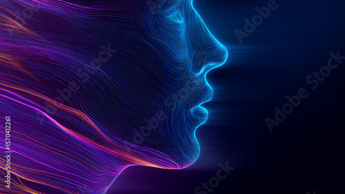 Artificial Intelligence in the form of a human head. Lines  on a dark blue background.