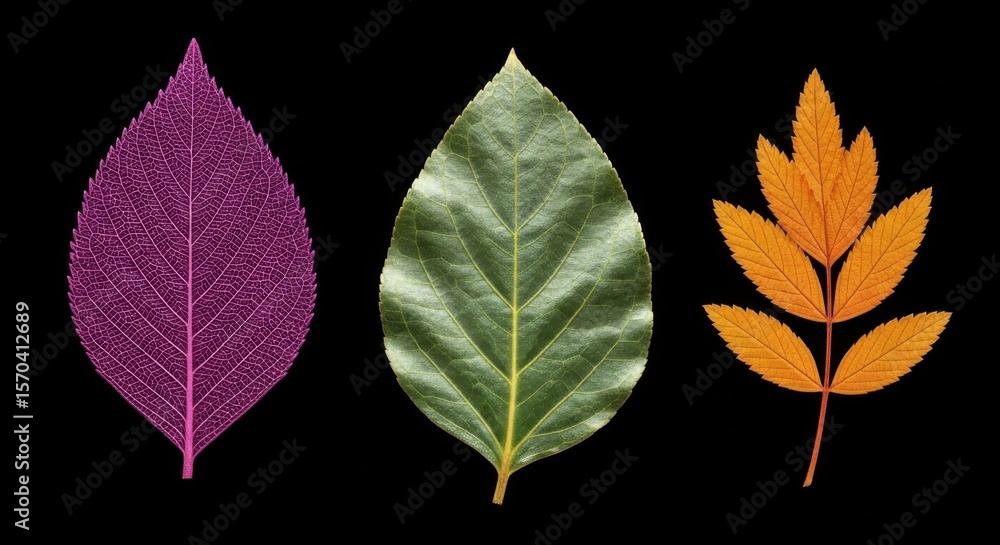 Obraz premium Three Different Leaves Arranged on a Black Background