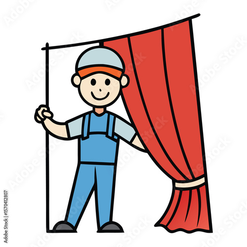 Silhouette of a stagehand pulling open grand curtains—symbolizing the start of a performance, behind-the-scenes magic, and the unsung heroes of the theater.
