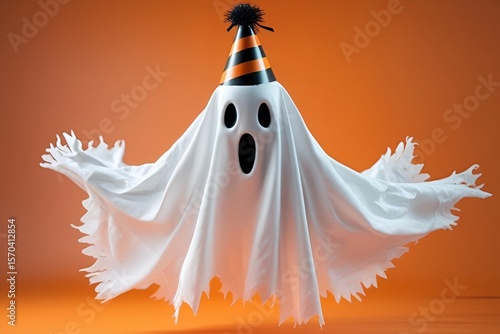 Floating Halloween Ghost with Party Hat on Orange Background - Photo-Realistic Spooky Decor