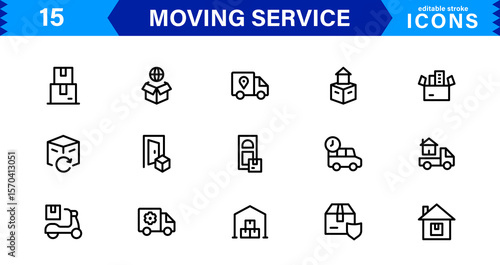 Vector Icon Set for Moving Services with Transportation, Packaging, and Storage Symbols Designed in Clean Line Style