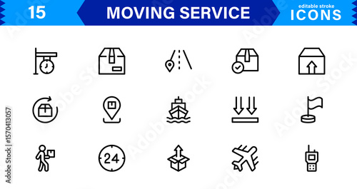 Vector Icon Set for Moving Services with Transportation, Packaging, and Storage Symbols Designed in Clean Line Style