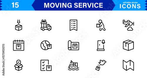 Vector Icon Set for Moving Services with Transportation, Packaging, and Storage Symbols Designed in Clean Line Style