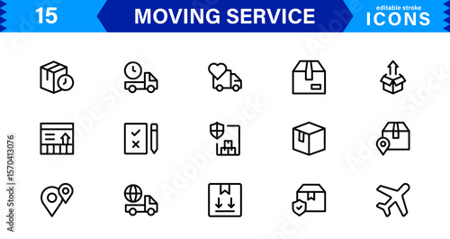 Vector Icon Set for Moving Services with Transportation, Packaging, and Storage Symbols Designed in Clean Line Style