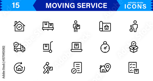 Vector Icon Set for Moving Services with Transportation, Packaging, and Storage Symbols Designed in Clean Line Style