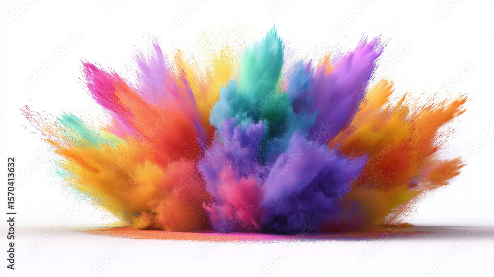 Obraz premium Rainbow dust powder explosion isolated white background. Dynamic blast eruption, vibrant colorful effect, lgbt, party, celebration, festival, color run element