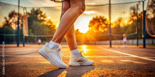 Woman's Legs in White Sneakers on a Tennis Court at Sunset - Summer Sports