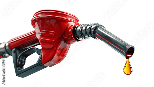 Fuel nozzle, isolated gas gun with yellow oil drop. Fuel filling gun for filling gasoline, oil handle pump dispenser, biodiesel ethanol filling station.