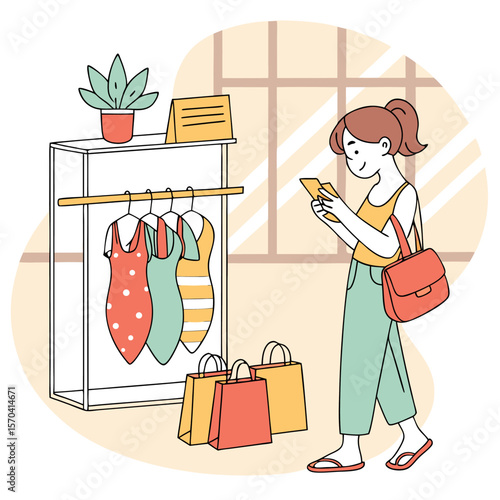 A woman shopping in a clothing store looking at her phone with shopping bags and clothes on a rack nearby