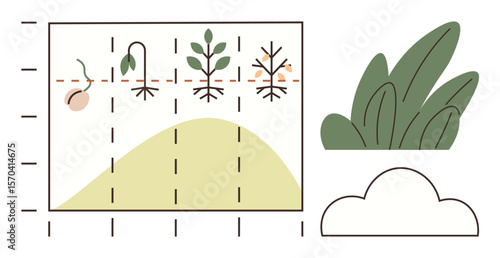 Germination to harvest displayed in graph stages plus stylized leaves and cloud. Ideal for education, agriculture, sustainability, biology, environment, nature, growth comparison. Simple flat