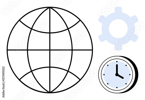 Globe with longitude and latitude lines, clock, and gear symbolizing worldwide connection, time management, and productivity. Ideal for global business, workflow, time zones, synchronization