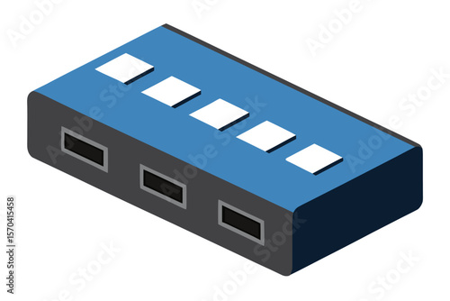 Isometric illustration of a blue and gray usb hub with multiple ports