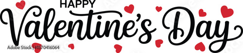 Happy Valentine's Day Calligraphy Text with Scattered Red Hearts, Love Celebration