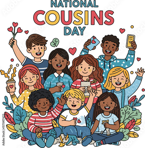 Diverse Group of Cousins Celebrating National Cousins Day with Hearts and Smiles
