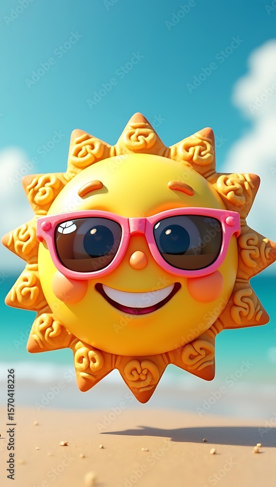 Fototapeta premium 3D render of a smiling sun cookie holding sunglasses, with textured rays resembling shortbread and glossy icing face
