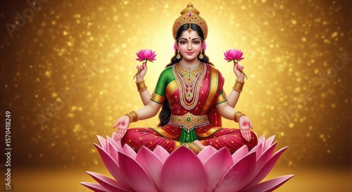 Goddess Lakshmi seated on a lotus flower surrounded by golden sparkles
