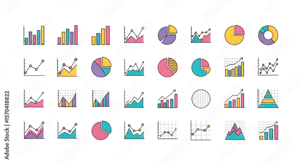 Fototapeta premium ビジネスデータグラフとチャートのアイコンセット｜統計分析、財務レポート、マーケティングプレゼンテーション用