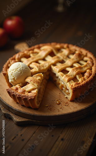 Wallpaper Mural Rustic homemade American apple pie with a golden lattice crust and a scoop of vanilla ice cream on a wooden board. Torontodigital.ca