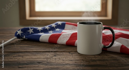 American Flag and Coffee Mug on Wooden Table - A steaming coffee mug sits beside a folded American flag on a rustic wooden table, symbolizing patriotism, remembrance, warmth, comfort, and morning