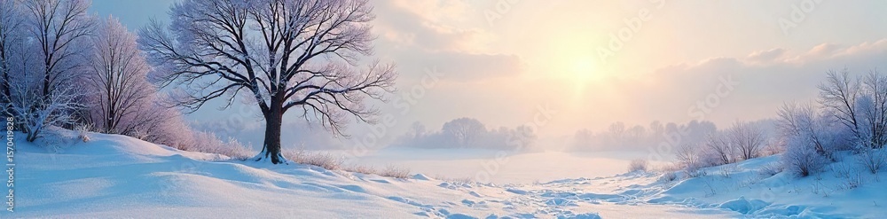 Peaceful Winter Landscape Snow-Covered Branches Reach for a Pale Sun, Promising Springs Arrival Peaceful Winter Landscape Snow-Covered Branches Reach for a Pale Sun, Promising Springs Arrival
