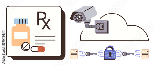 Prescription medication, surveillance camera, secure data exchange, and cloud storage. Ideal for data security, healthcare, medical records, cloud storage, privacy surveillance and digital