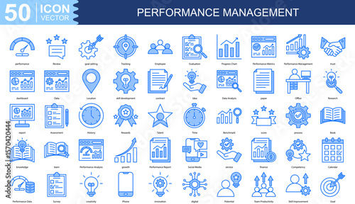 Performance Management icon collection set. Containing performance, Review, goal setting, Tracking, Employee, Evaluation icon