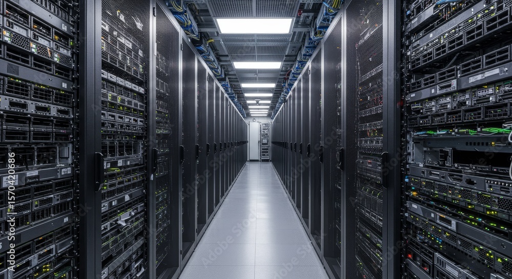 Fototapeta premium Data Center Server Room Infrastructure - High-tech server room, showcasing rows of powerful computer servers, advanced networking infrastructure, and robust data storage systems.