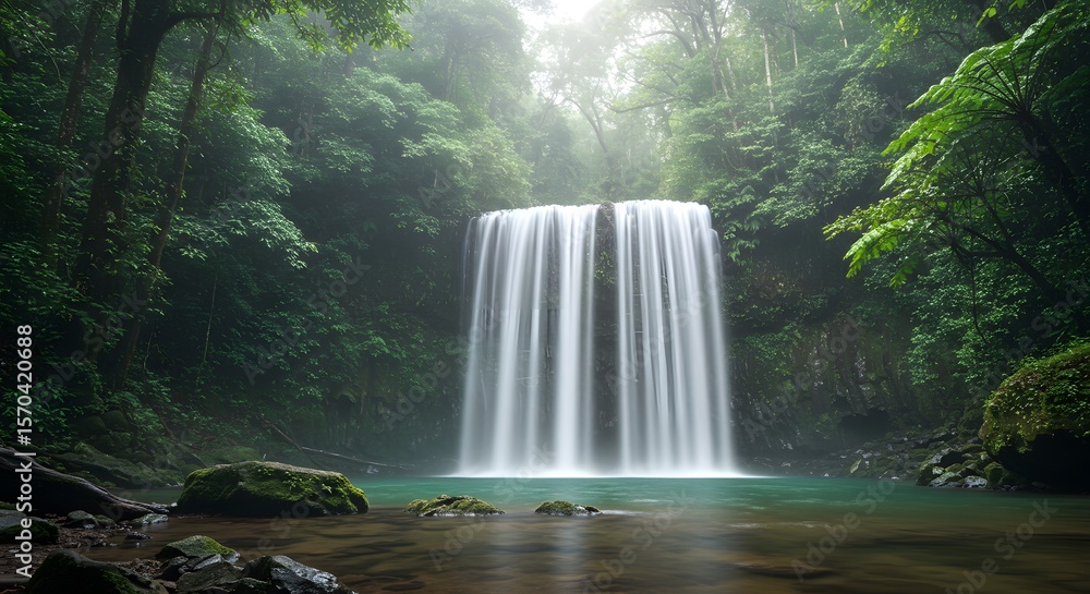 Obraz premium A lush rainforest waterfall cascading into a crystal pool mist rising