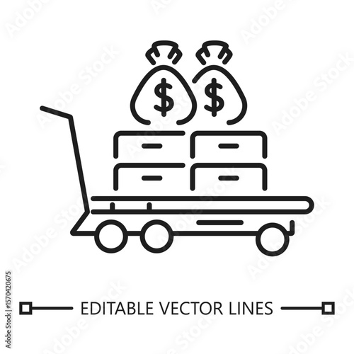 Cash trolley carrying money bags icon. Trolley carrying money and boxes, perfect for financial concepts in design projects like banners, presentations, and websites.