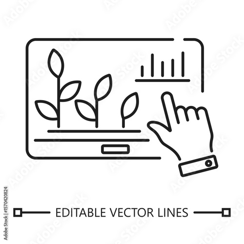 Yield prediction icon. Yield prediction icon showing hand with plant growth data screen, ideal for agriculture and technology related designs and projects.