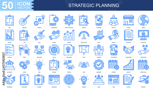 Strategic Planning icon collection set. Containing plan, objective, method, management, human resources, analytics, marketing icon