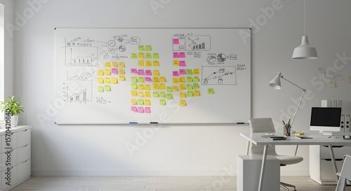 A modern minimalist office with a whiteboard and sticky notes soft natural light