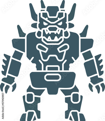 A stylized illustration of a robotic monster with sharp claws and horns.