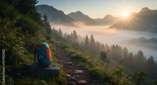 A serene mountain trail with a hikers backpack misty peaks at dawn