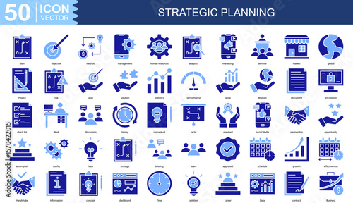 Strategic Planning icon collection set. Containing plan, objective, method, management, human resources, analytics, marketing icon