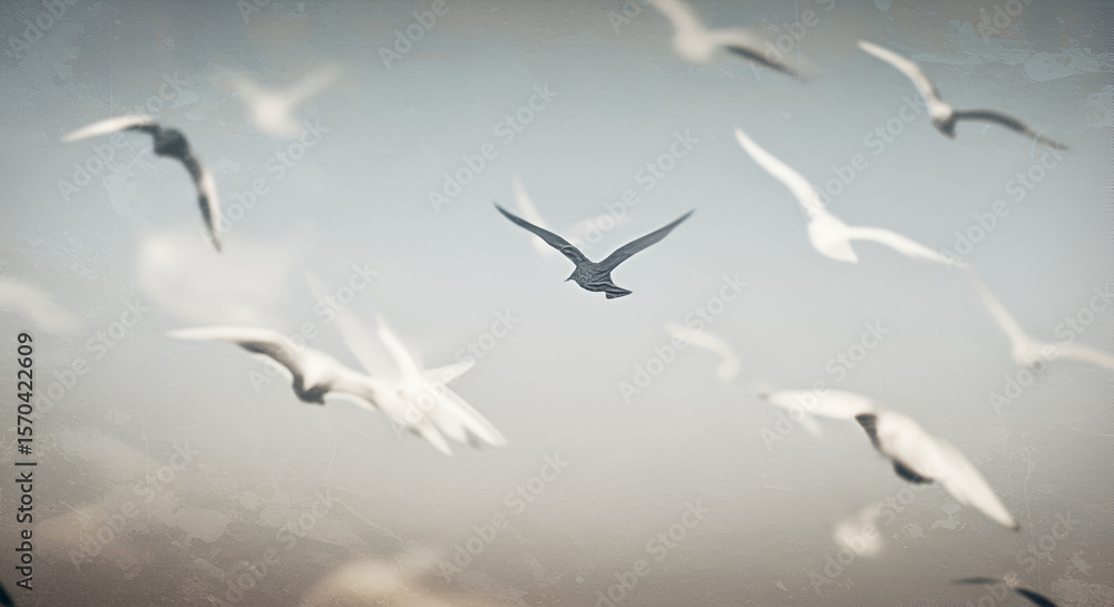 Obraz premium Freedom flight: Serene flock of birds soaring through a soft sky in dreamlike haze