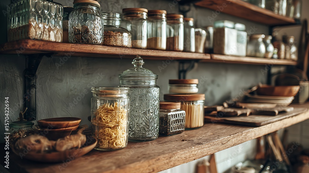Fototapeta premium Jars on Wooden Shelves with Food Ingredients in Rustic Kitchen