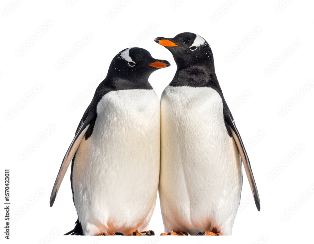 Fototapeta premium Two Penguins Huddling Together in Antarctic Blizzard, isolated on a transparent background