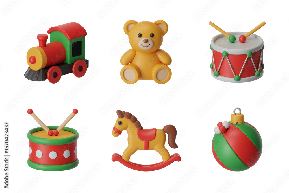 Obraz premium Six Festive Christmas Toy Icons Set Red Green Yellow Toy Train Teddy Bear Rocking Horse Drum Ornament Isolate on White Transparent PNG Backgrounds Cutout Clipping Path Social Media