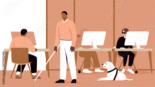 Illustration of a visually impaired man with a guide dog standing confidently in a modern office environment, surrounded by colleagues working at computers, showcasing inclusivity and teamwork