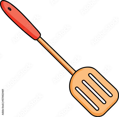 Red handled slotted spatula kitchen utensil cooking food