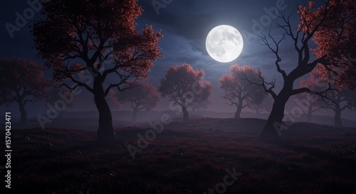 Moonlit Autumnal Grove - A serene landscape of trees under a bright full moon, bathed in a mystical nighttime atmosphere