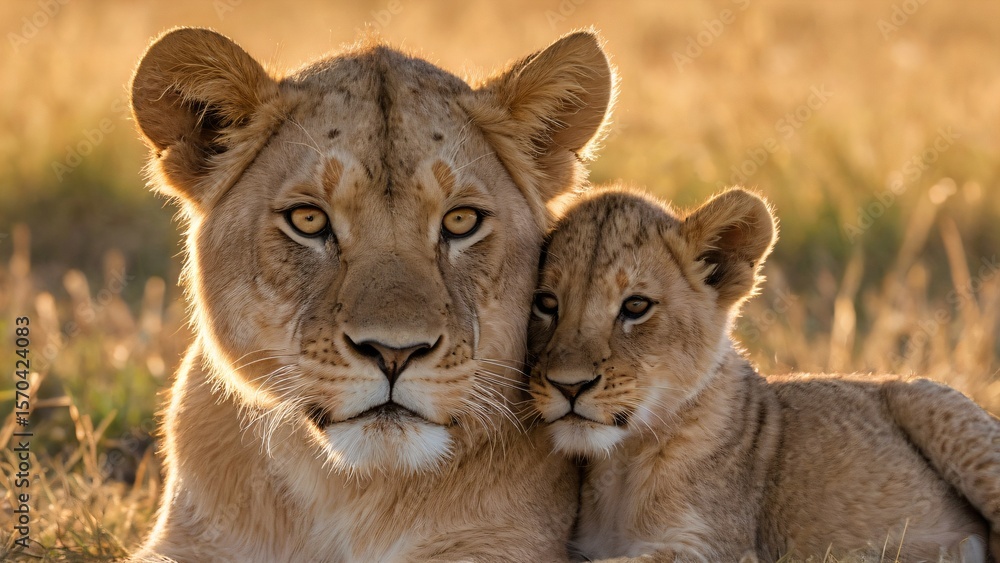 Fototapeta premium A mother lion and her cub rest together in the warm glow of the golden hour