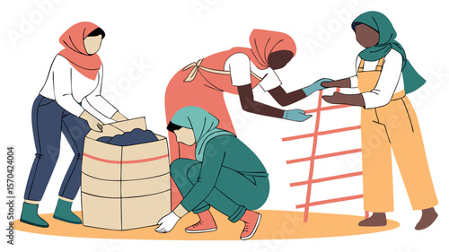 Group of diverse women in headscarves engaged in collaborative work, lifting bags, assembling structures, and demonstrating teamwork in a vibrant community setting
