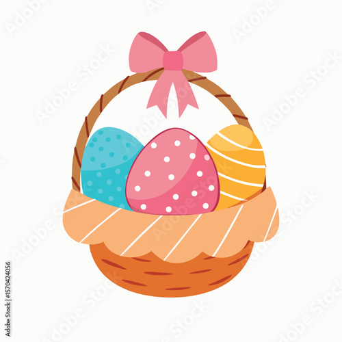 Easter basket with colorful eggs and pink bow vector