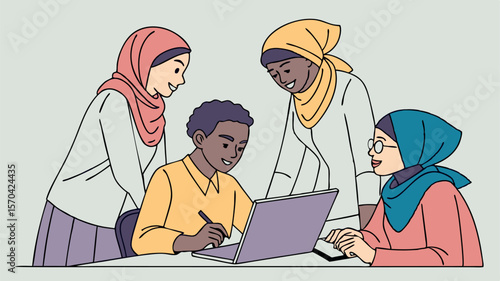 Group of diverse women collaborating around a laptop, engaged in discussion and teamwork, showcasing modern technology and empowerment in a professional setting