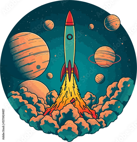 Retro style poster featuring a rocket launching in the middle of a planet vector illustration