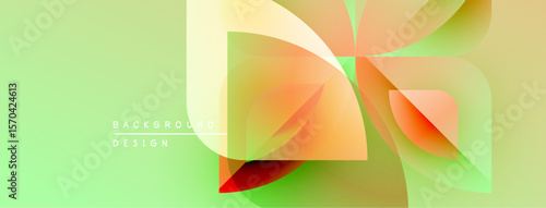 Abstract geometric shapes overlap, creating vibrant color gradients. Light green background complements warm orange, yellow hues. Modern design element.