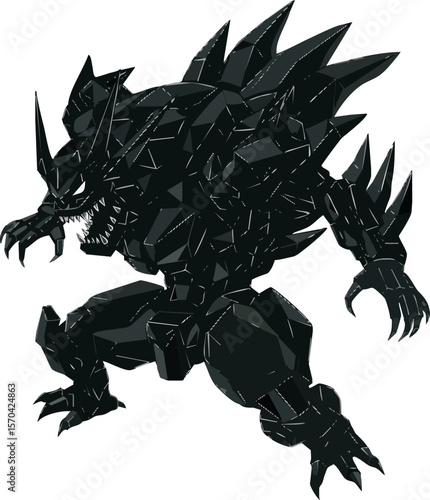 A dark, spiky, monstrous creature with sharp claws and teeth stands menacingly.